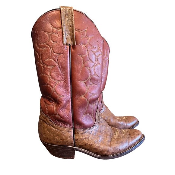Frye Boots Leather Ostrich 10.5 Brown Western Embossed Cowboy Exotic Rodeo 80s - Picture 1 of 16
